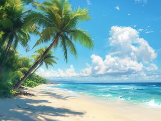 Obraz premium Tropical beach with palm trees, vibrant blue sky, soft lighting, serene atmosphere, relaxing vibes, photo-realism