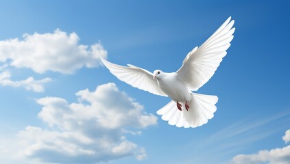 A white dove soaring against a bright blue sky with clouds.