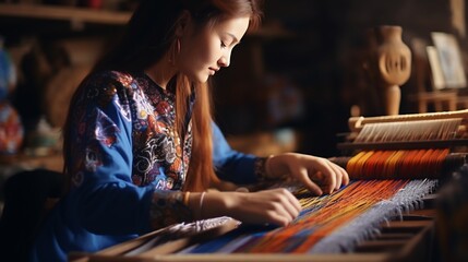A woman weaving colorful threads in a traditional craft setting.