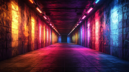 vibrant urban tunnel illuminated with colorful lights, creating striking visual effect. walls are textured, enhancing atmosphere of space