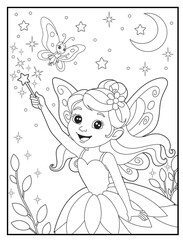 Fairy coloring page featuring a cute fairy waving her magic wand. Children's coloring books with fun characters.
