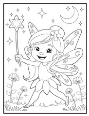 Fairy coloring page featuring a cute fairy waving her magic wand. Children's coloring books with fun characters.
