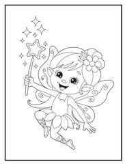 Fairy coloring page featuring a cute fairy waving her magic wand. Children's coloring books with fun characters.
