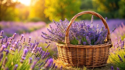 wicker basket with lavender branches in a field