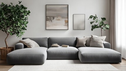A living room with a grey sectional sofa, a potted plant