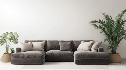 A gray sectional sofa with white pillows sits in front of a white wall