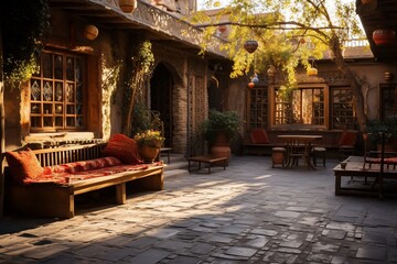 Fototapeta premium Cozy courtyard with seating and plants, bathed in warm light.
