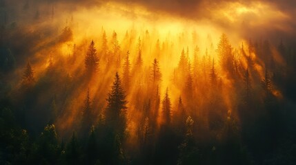 Enchanting Aerial Photograph of Golden Light streaming through the Wilderness. Nature Background with Trees and Green Foliage.