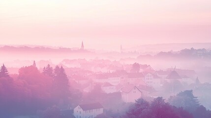 Naklejka premium Dramatic misty landscape view with pastel colors at dawn, serene atmosphere.