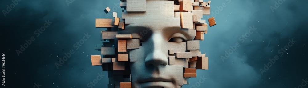 Poster abstract depiction of a fragmented face surrounded by wooden blocks in a surreal environment.