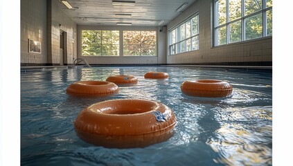 Indoor pool with orange floatation rings in calm water.