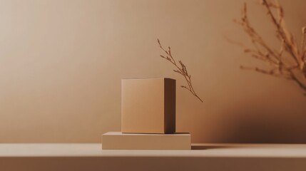 Minimalist Product Display with Brown Box and Dried Branch