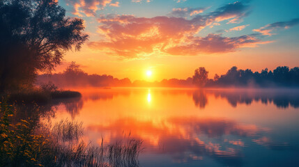 Obraz premium Serene Lake Reflection at Sunset