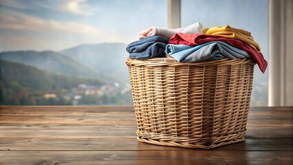 Wicker laundry basket with clean clothes on wooden table against gray background panoramic