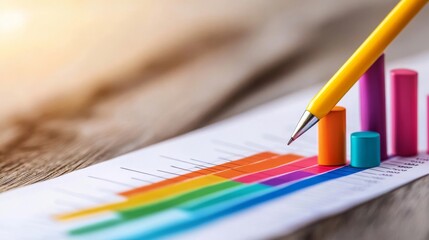 Colorful bar chart with pencil on wooden table background.