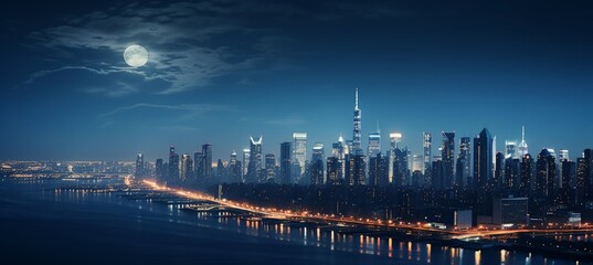Fototapeta premium Nighttime city skyline with moonlit reflections on water.