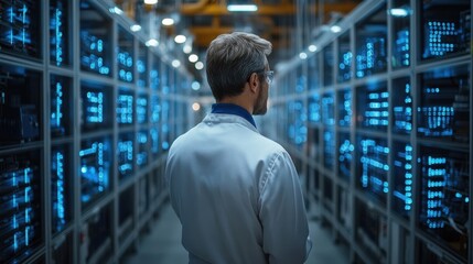 A man in a white lab coat stands in a server room, looking at rows of glowing servers.