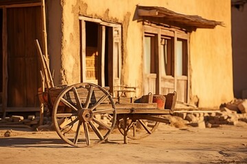 Fototapeta premium Old wooden cart in front of a rustic building in a desert setting.