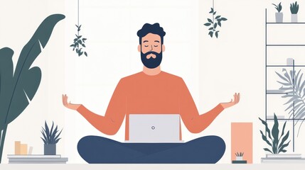 Man Meditating with Laptop