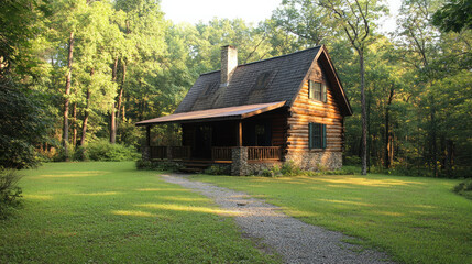 Fototapeta premium Serene Cabin Surrounded by Lush Forest Landscape
