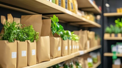 A shelf full of plants in brown paper bags