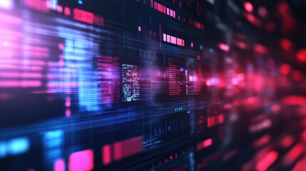Abstract digital interface with glowing pink and blue lights and code.