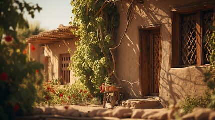 Serene village scene with rustic homes and lush greenery.