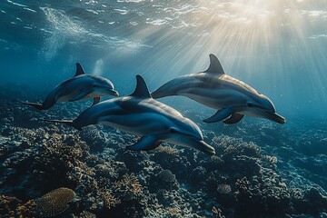 Obraz premium Three dolphins swimming gracefully in a vibrant underwater scene.