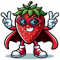 
A cartoon strawberry wearing a red cape and a superhero costume.