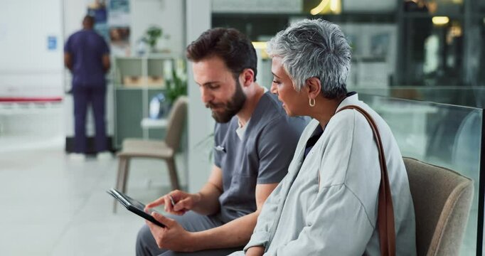 Tablet, team and doctor with nurse for planning, people talk or help intern in hospital. Technology, medical collaboration or discussion with mature surgeon for training, meeting or healthcare advice