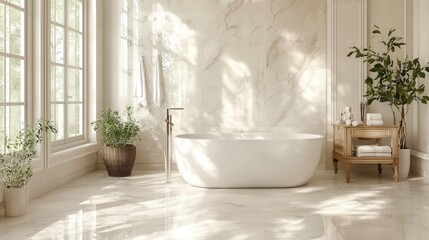 A bathroom with a white bathtub and a potted plant