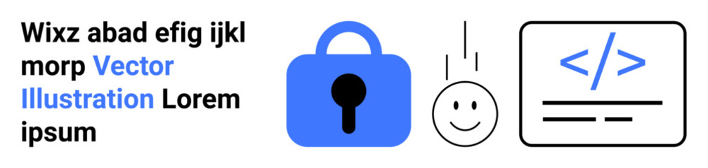 Padlock for security, happy face for user interaction, and coding symbol for programming. Ideal for tech websites, app landing pages, software development, cybersecurity, user experience, tech blogs