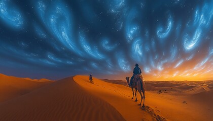 Fototapeta premium Two figures on camels traverse a vibrant desert under a cosmic sky.