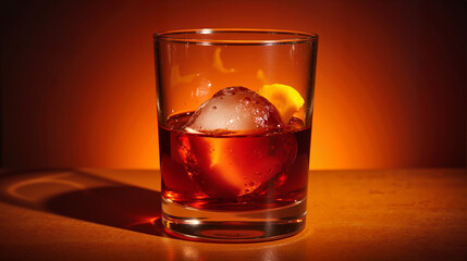 Negroni cocktail with ice sphere in warm ambient light