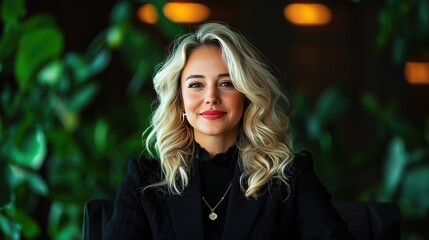 Obraz premium Confident woman sitting in a modern office environment with greenery.