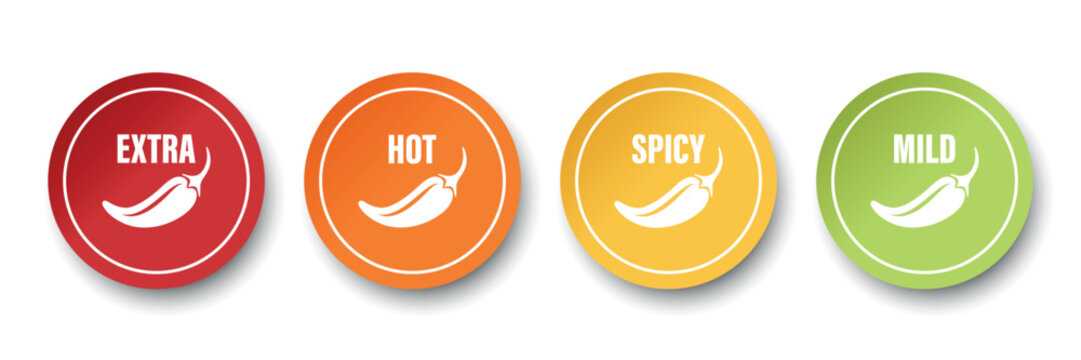 Realistic Vector Round Stickers with Spicy Chili Pepper Icon, Food Spicy Level. Red, Orange, Yellow, Green Jalapeno Pepper Strength Scale Sticker Indicators with Mild, Spicy, Hot and Extra Positions