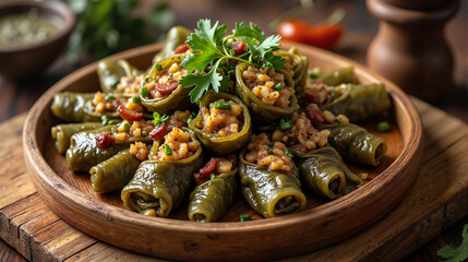 Fototapeta premium Stuffed grape leaves with rice on rustic wooden plate