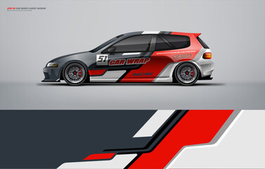 Naklejka premium Racing Car branding mockup with racing wrap decal or livery design, Hatchback wrap design with red black color and background. Hatchback and sedan vector ready print printable file