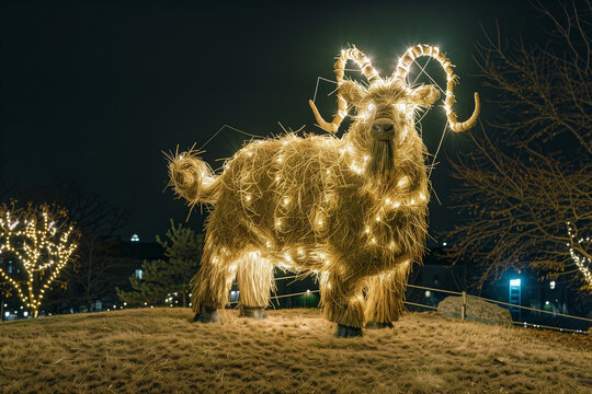 Yule Goat Made from Straw as Pagan Symbol of Thor Worship for Winter Solstice in Scandinavian and Norse Traditions