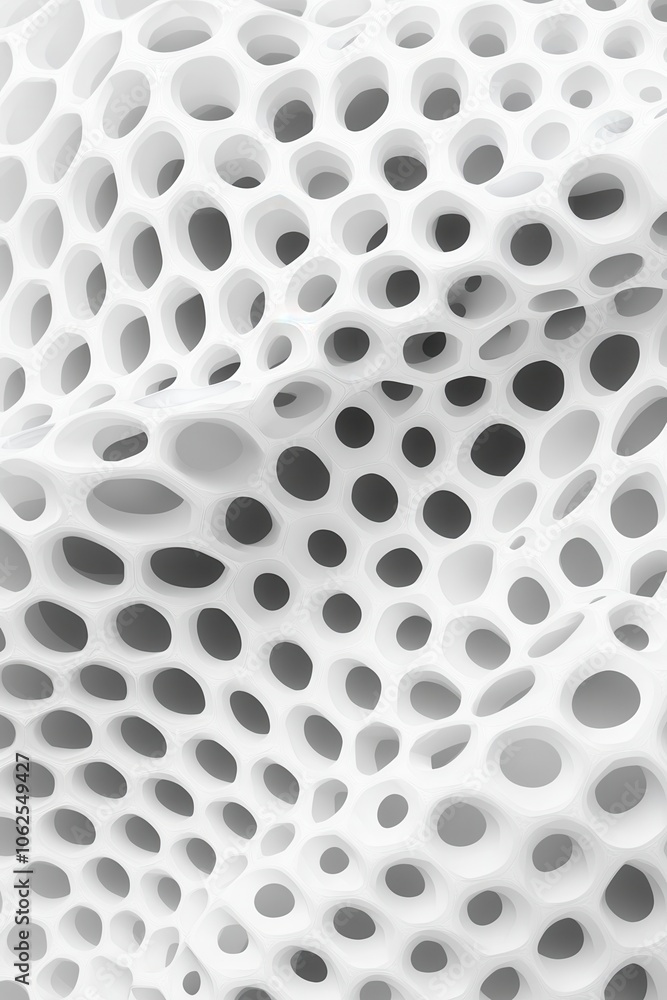 Poster close-up of a textured white surface with irregular holes, creating an abstract, dynamic pattern.
