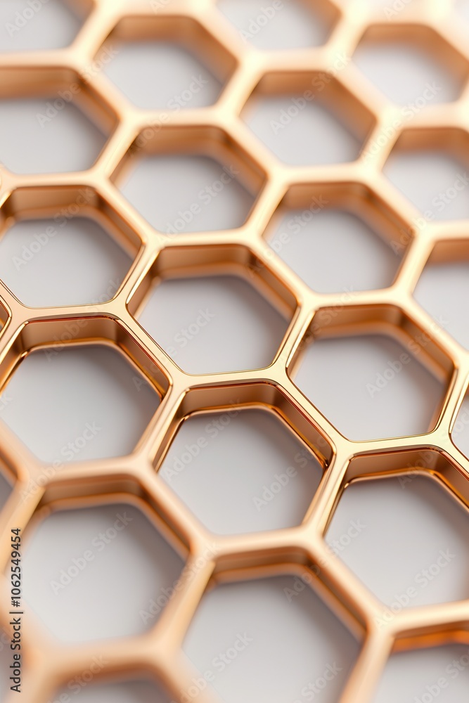 Poster close-up of a shiny, golden honeycomb pattern, showcasing intricate hexagonal shapes and a modern, s