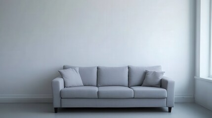 A gray couch sits in a white room with a window