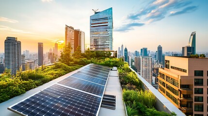 Fototapeta premium Green Rooftop Solar Panels with City Skyline View