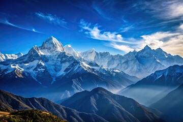 Obraz premium Wide angle shot of the snow capped Himalayas and blue skies silhouette