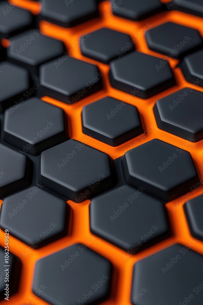 Poster close-up of black hexagonal shapes on an orange background, showcasing a modern and dynamic design a