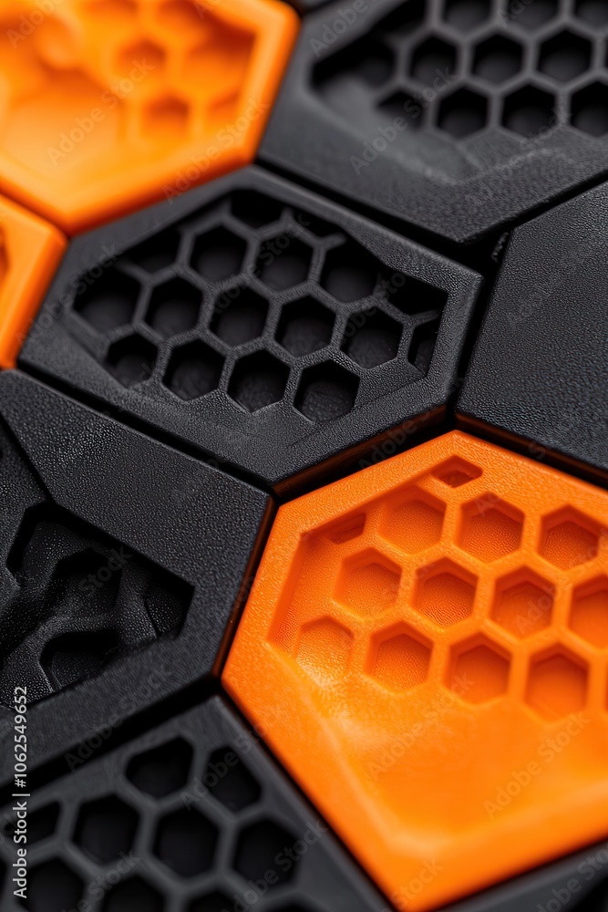 Poster close-up of a textured surface featuring interlocking black and orange hexagonal patterns.