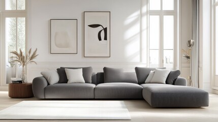 A large sectional sofa with a black and white abstract painting on the wall