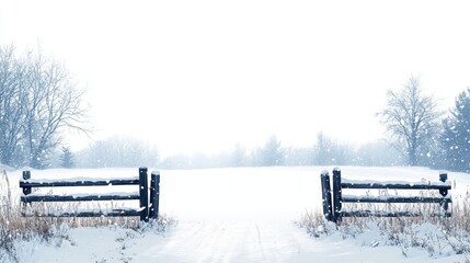 Snow-covered wooden fence leading into a snowy field with large blank white area for text overlay