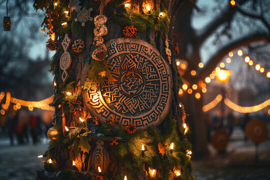 Yule Tree Decorated with Viking Runes and Lights Symbolizing Pagan Scandinavian Winter Solstice and Norse Yggdrasil Mythology