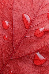 Obraz premium Close-up of a vibrant red leaf with glistening water droplets, showcasing intricate vein patterns.